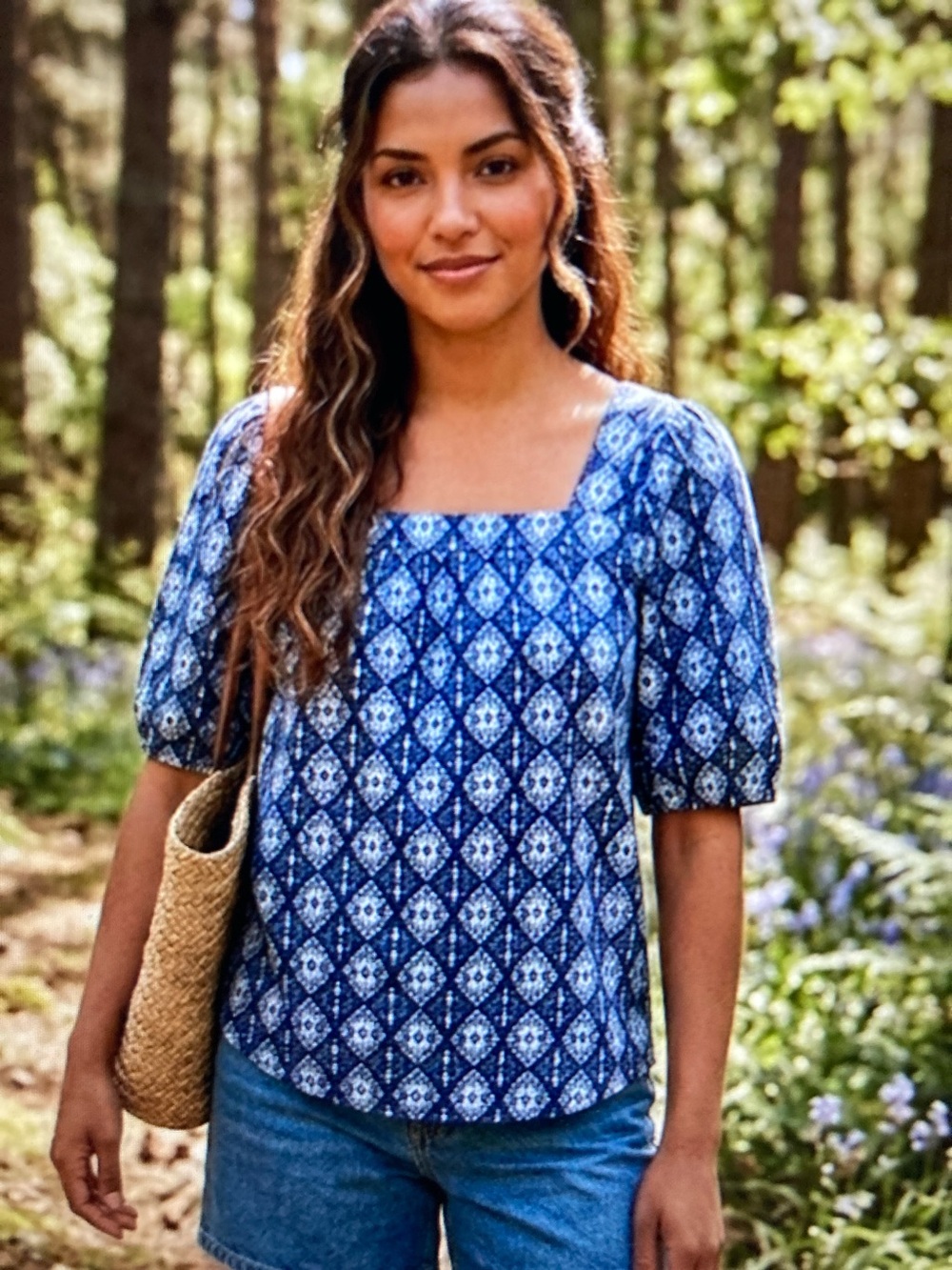 LOFT NWT Blue Diamond Jacquard Square Neck Top S521